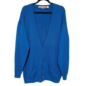 Perry Ellis Mens L Cardigan Blue Lambswool‎ Cashmere Blend Cable Knit Academia